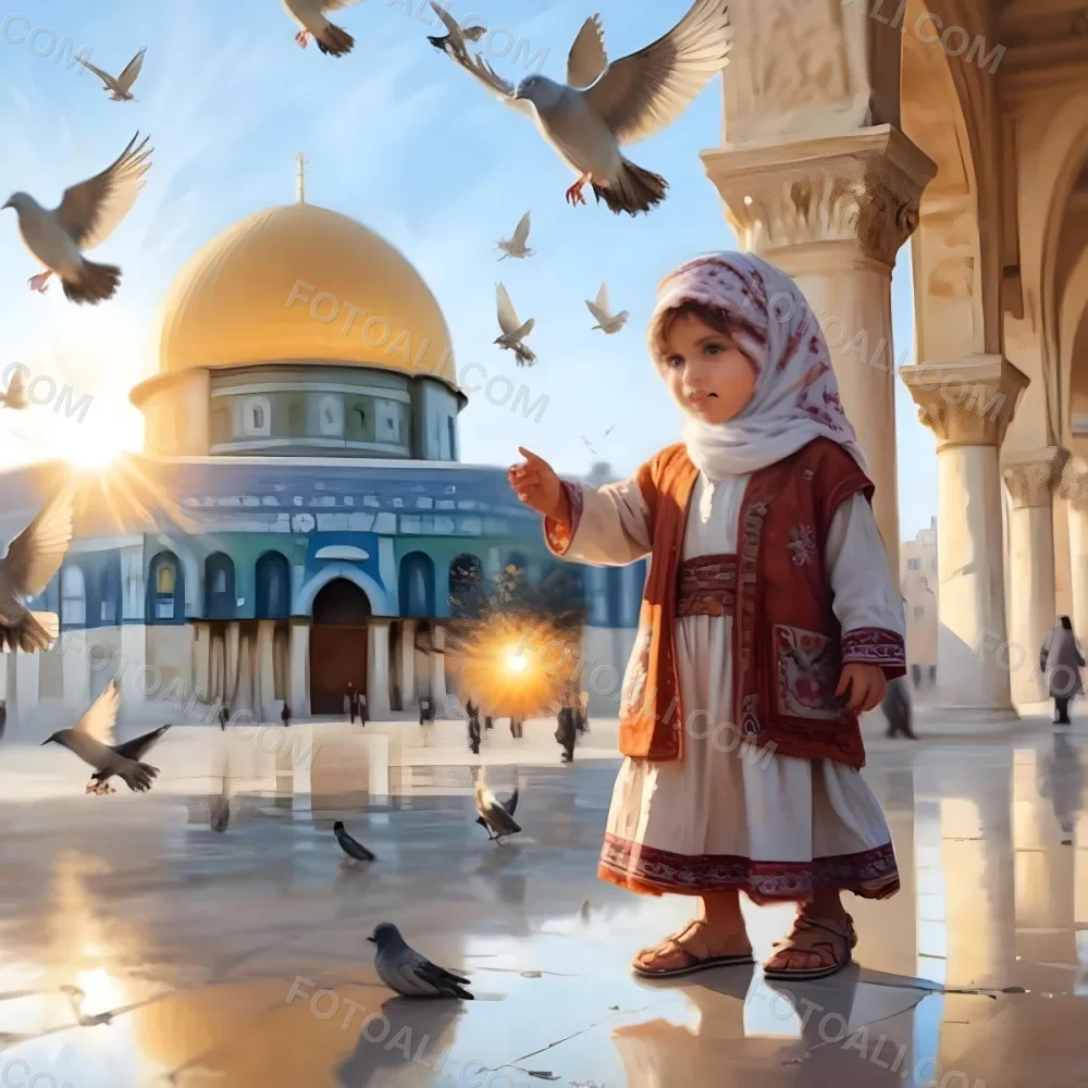 Digital Painting A Young Middle Eastern Girl Wearing Traditional Clothing Standing In Front Of The Dome Of The Rock In Jerusalem With Pigeons Flying Around Her And The Sun Shining In The Background Bold And Slim Lines 4 D88e