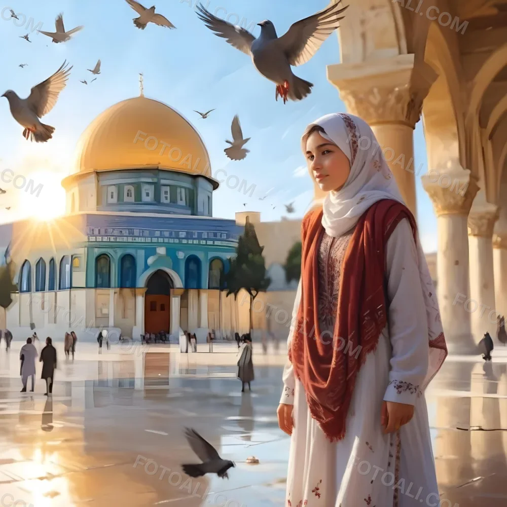 Digital Painting A Young Middle Eastern Girl Wearing Traditional Clothing Standing In Front Of The Dome Of The Rock In Jerusalem With Pigeons Flying Around Her And The Sun Shining In The Background Bold And Slim Lines 5 C2d2