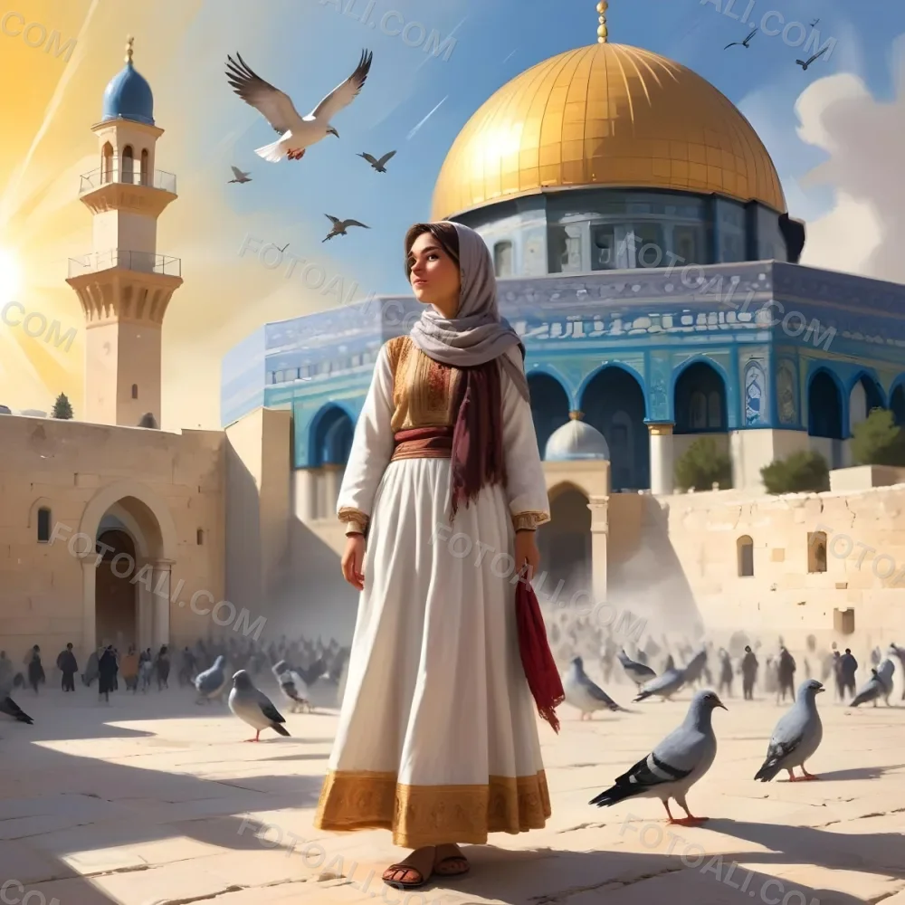 Digital Painting A Young Middle Eastern Girl Wearing Traditional Clothing Standing In Front Of The Dome Of The Rock In Jerusalem With Pigeons Flying Around Her And The Sun Shining In The Background Bold And Slim Lines 7 2c60