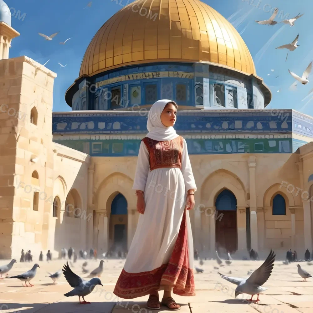 Digital Painting A Young Middle Eastern Girl Wearing Traditional Clothing Standing In Front Of The Dome Of The Rock In Jerusalem With Pigeons Flying Around Her And The Sun Shining In The Background Bold And Slim Lines 9 73bc