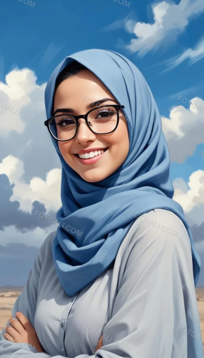 Digital Painting A Young Middle Eastern Woman With Dark Hair Wearing A Blue Hijab And Glasses Smiling Against A Cloudy Sky Background Bold And Slim Lines Brush Strokes 1 6cf3
