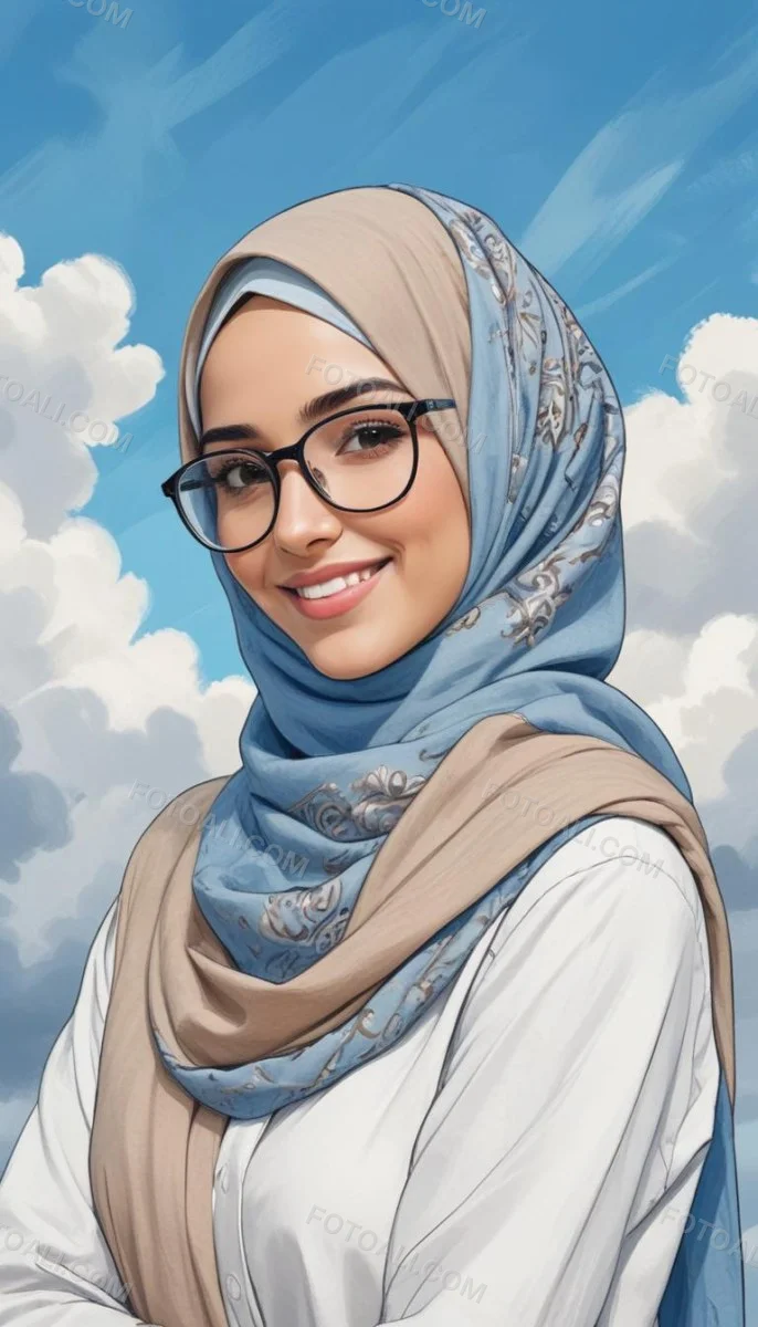 Digital Painting A Young Middle Eastern Woman With Dark Hair Wearing A Blue Hijab And Glasses Smiling Against A Cloudy Sky Background Bold And Slim Lines Brush Strokes 14 D047