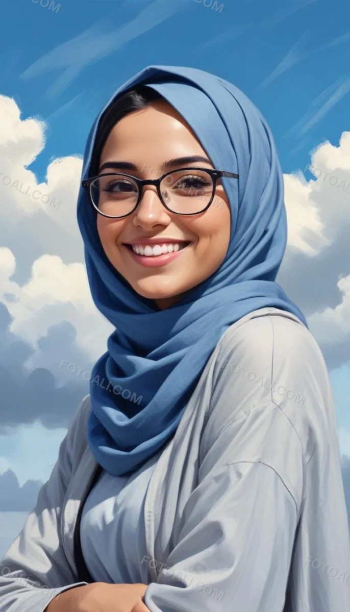 Digital Painting A Young Middle Eastern Woman With Dark Hair Wearing A Blue Hijab And Glasses Smiling Against A Cloudy Sky Background Bold And Slim Lines Brush Strokes 15 Afce