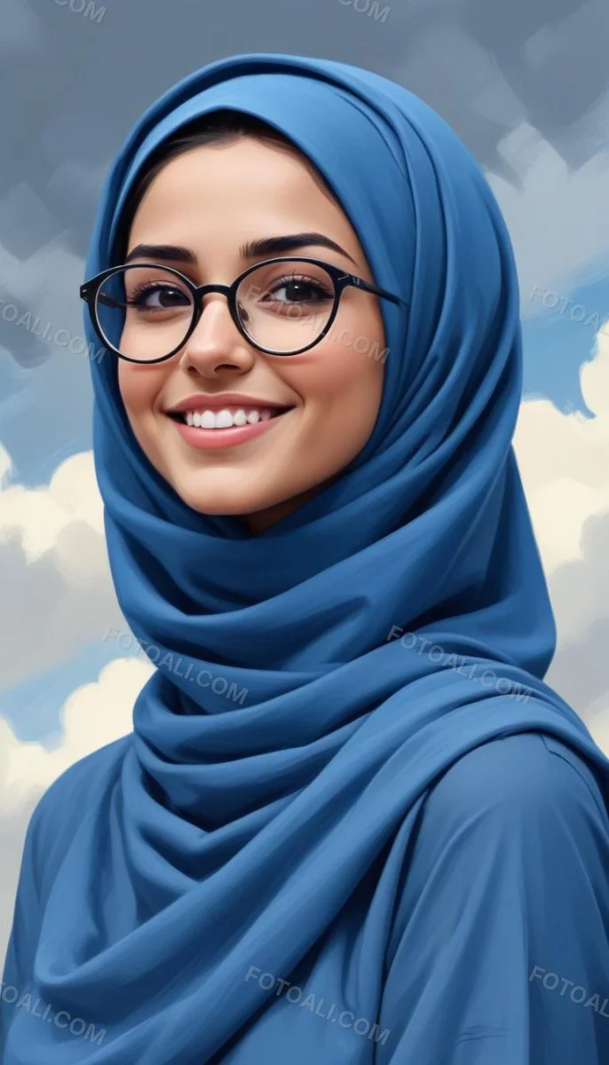 Digital Painting A Young Middle Eastern Woman With Dark Hair Wearing A Blue Hijab And Glasses Smiling Against A Cloudy Sky Background Bold And Slim Lines Brush Strokes 19 83cc