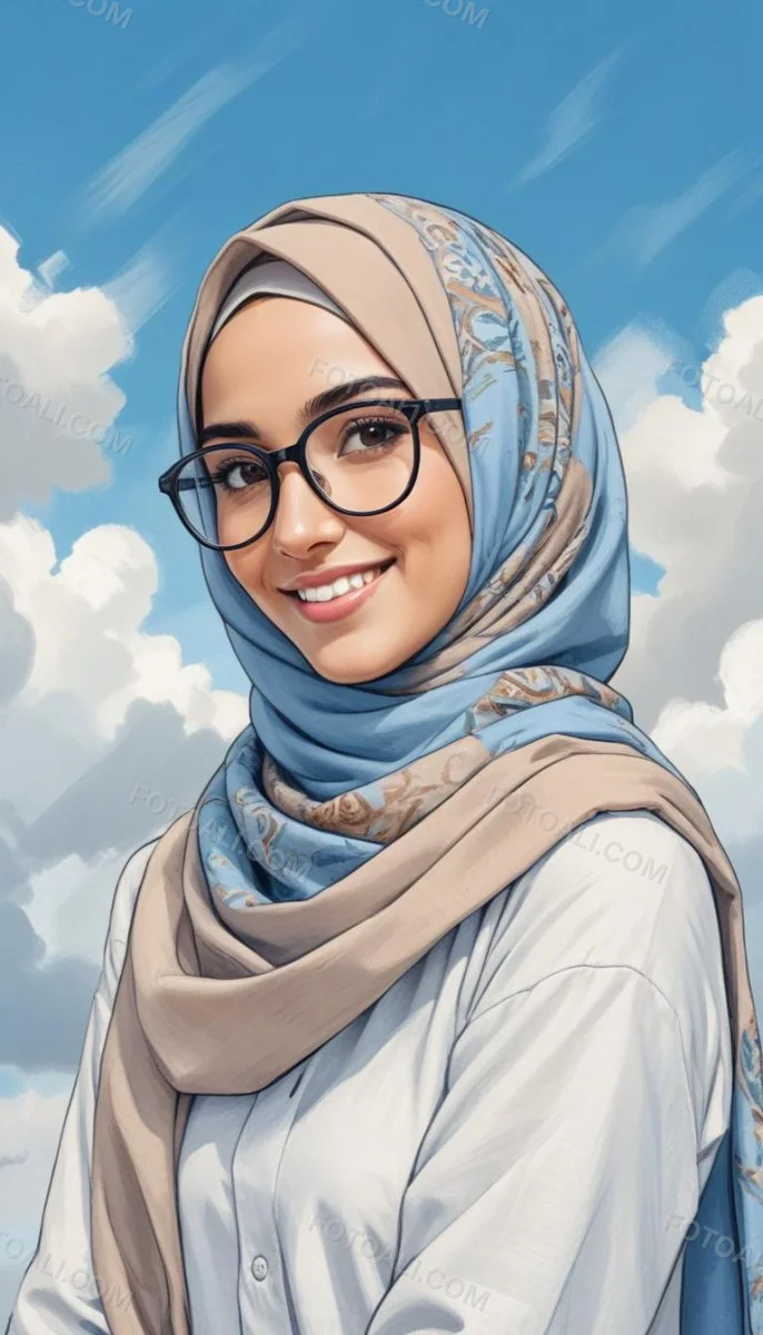 Digital Painting A Young Middle Eastern Woman With Dark Hair Wearing A Blue Hijab And Glasses Smiling Against A Cloudy Sky Background Bold And Slim Lines Brush Strokes 20 6227