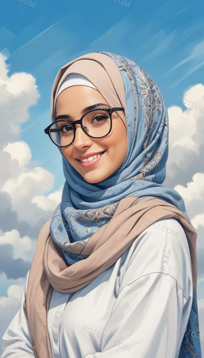 Digital Painting A Young Middle Eastern Woman With Dark Hair Wearing A Blue Hijab And Glasses Smiling Against A Cloudy Sky Background Bold And Slim Lines Brush Strokes 21 E6d5