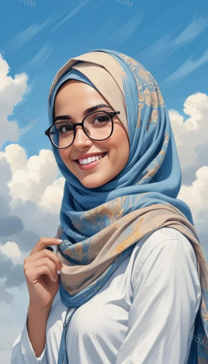 Digital Painting A Young Middle Eastern Woman With Dark Hair Wearing A Blue Hijab And Glasses Smiling Against A Cloudy Sky Background Bold And Slim Lines Brush Strokes 22 53de