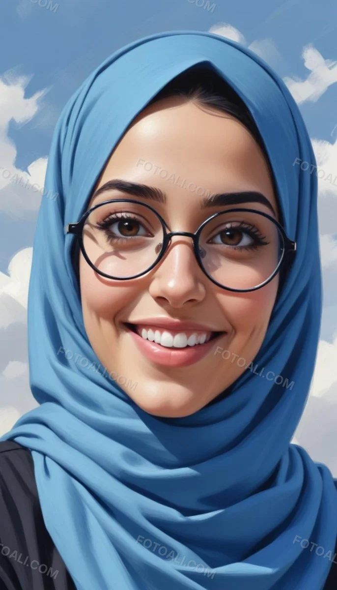 Digital Painting A Young Middle Eastern Woman With Dark Hair Wearing A Blue Hijab And Glasses Smiling Against A Cloudy Sky Background Bold And Slim Lines Brush Strokes 3 Bdba