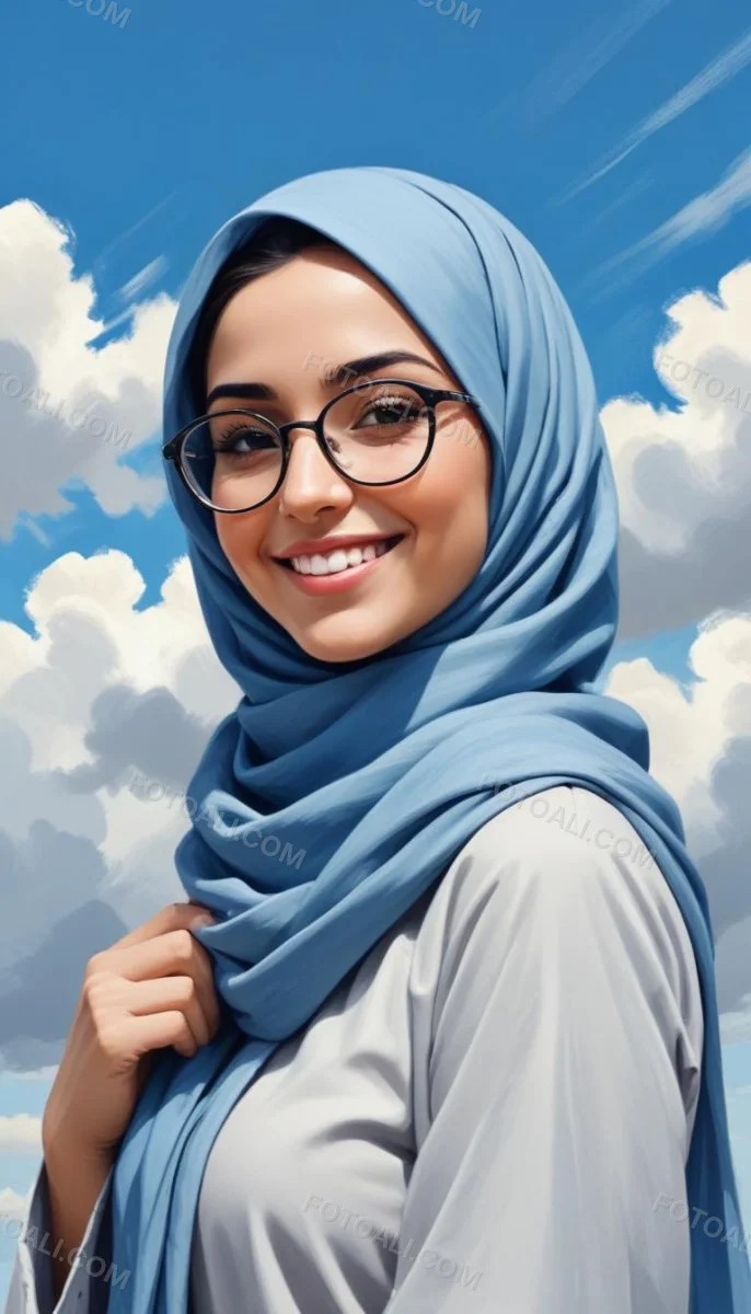 Digital Painting A Young Middle Eastern Woman With Dark Hair Wearing A Blue Hijab And Glasses Smiling Against A Cloudy Sky Background Bold And Slim Lines Brush Strokes 5 1b7f