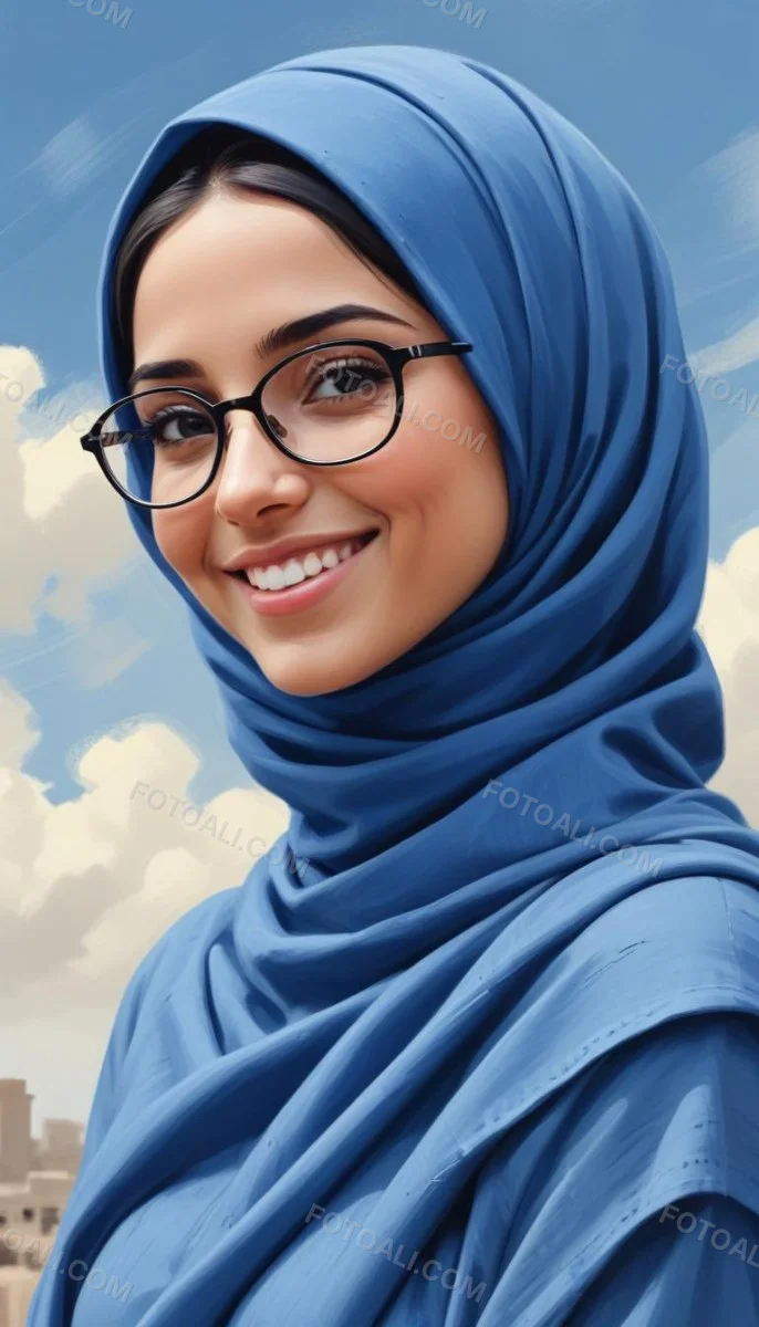 Digital Painting A Young Middle Eastern Woman With Dark Hair Wearing A Blue Hijab And Glasses Smiling Against A Cloudy Sky Background Bold And Slim Lines Brush Strokes 9 81de