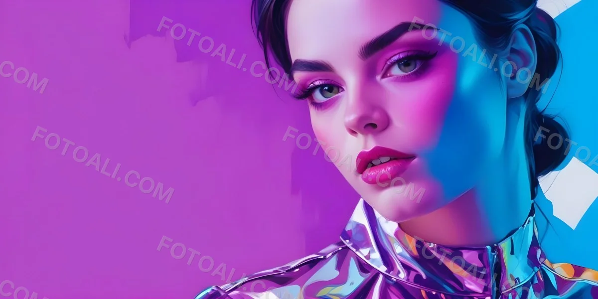 Digital Painting A Young Woman With Dark Hair And Bold Makeup Wearing A Shiny Colorful Outfit Against A Vibrant Purple And Blue Background Bold And Slim Lines Brush Strokes 11 Db17