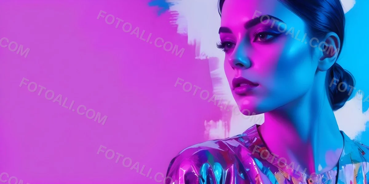 Digital Painting A Young Woman With Dark Hair And Bold Makeup Wearing A Shiny Colorful Outfit Against A Vibrant Purple And Blue Background Bold And Slim Lines Brush Strokes 15 7a09