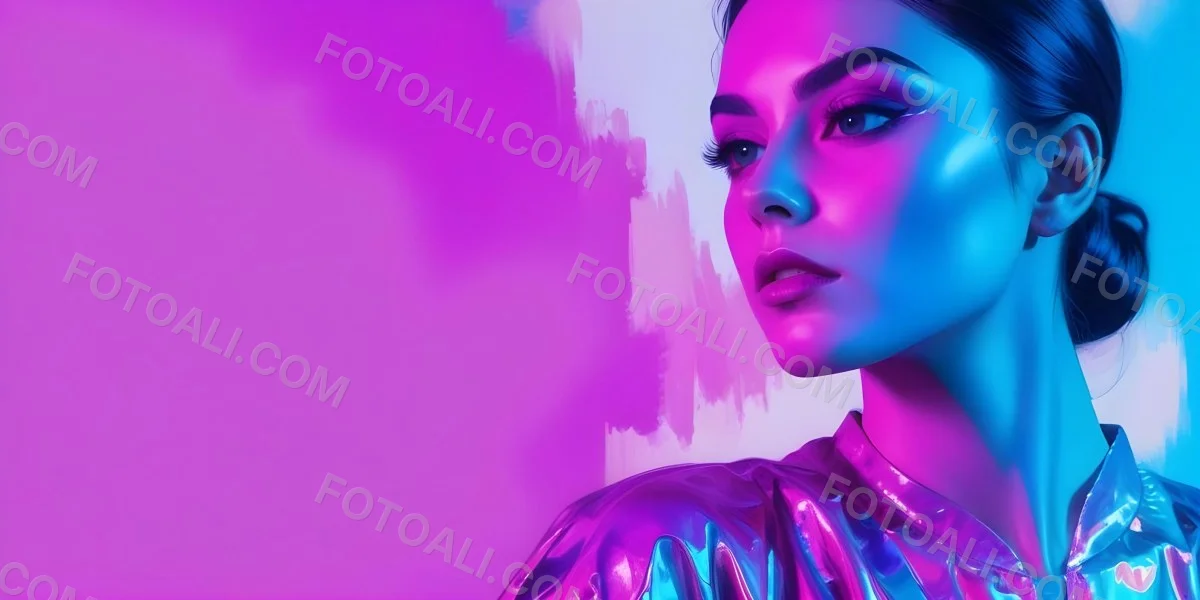 Digital Painting A Young Woman With Dark Hair And Bold Makeup Wearing A Shiny Colorful Outfit Against A Vibrant Purple And Blue Background Bold And Slim Lines Brush Strokes 18 C85f