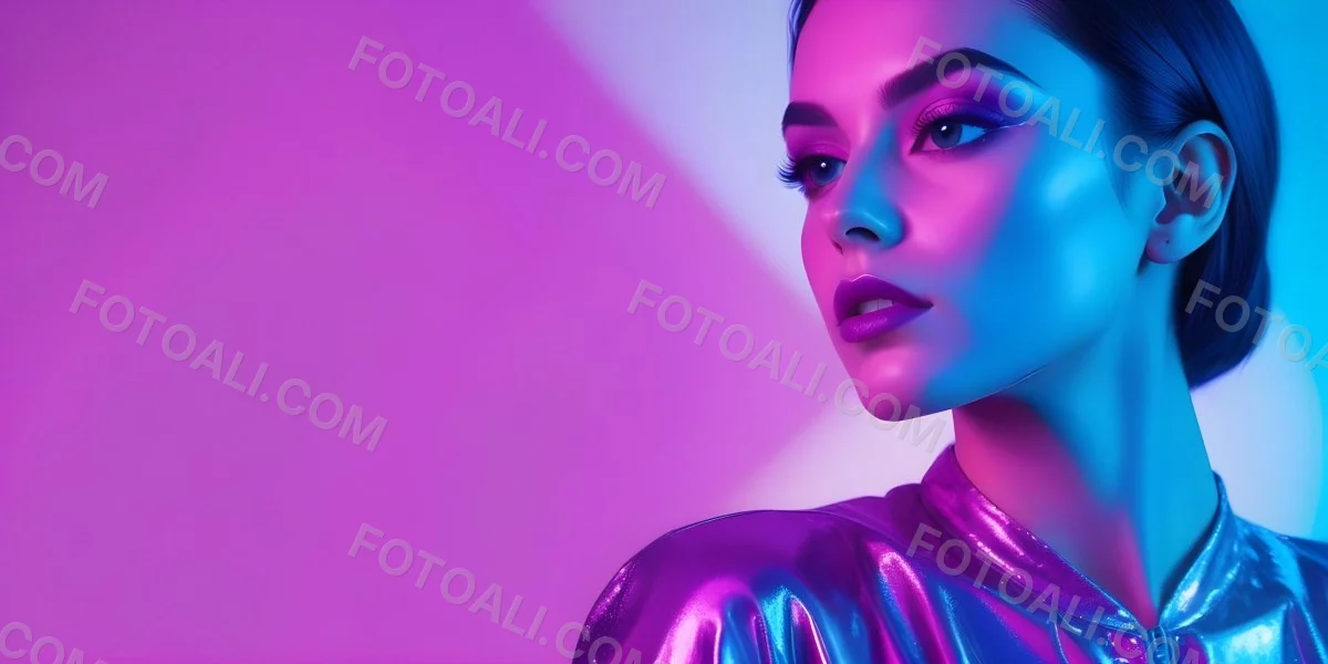 Digital Painting A Young Woman With Dark Hair And Bold Makeup Wearing A Shiny Colorful Outfit Against A Vibrant Purple And Blue Background Bold And Slim Lines Brush Strokes 25 8573