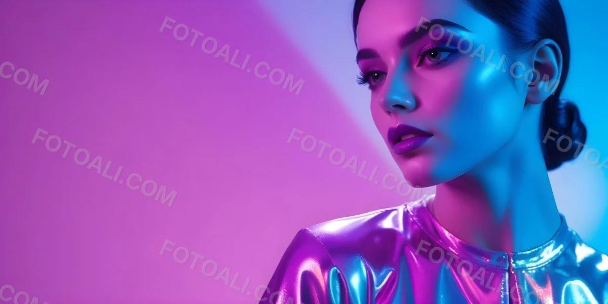 Digital Painting A Young Woman With Dark Hair And Bold Makeup Wearing A Shiny Colorful Outfit Against A Vibrant Purple And Blue Background Bold And Slim Lines Brush Strokes 27 97c7