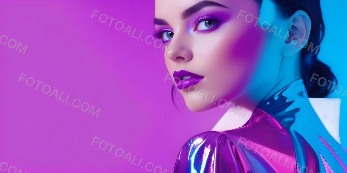 Digital Painting A Young Woman With Dark Hair And Bold Makeup Wearing A Shiny Colorful Outfit Against A Vibrant Purple And Blue Background Bold And Slim Lines Brush Strokes 30 Bdd3