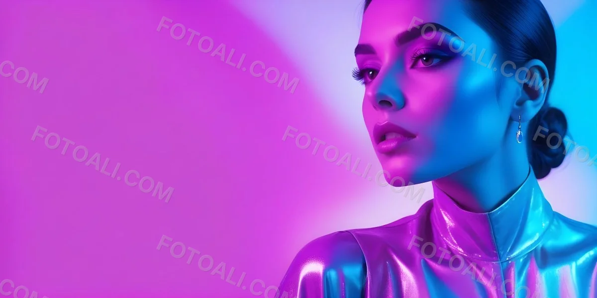 Digital Painting A Young Woman With Dark Hair And Bold Makeup Wearing A Shiny Colorful Outfit Against A Vibrant Purple And Blue Background Bold And Slim Lines Brush Strokes 34 6c7d