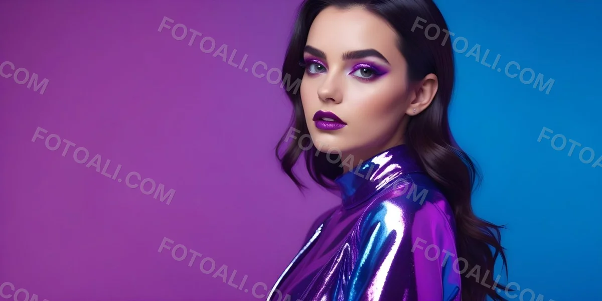 Digital Painting A Young Woman With Dark Hair And Bold Makeup Wearing A Shiny Colorful Outfit Against A Vibrant Purple And Blue Background Bold And Slim Lines Brush Strokes 56 2729