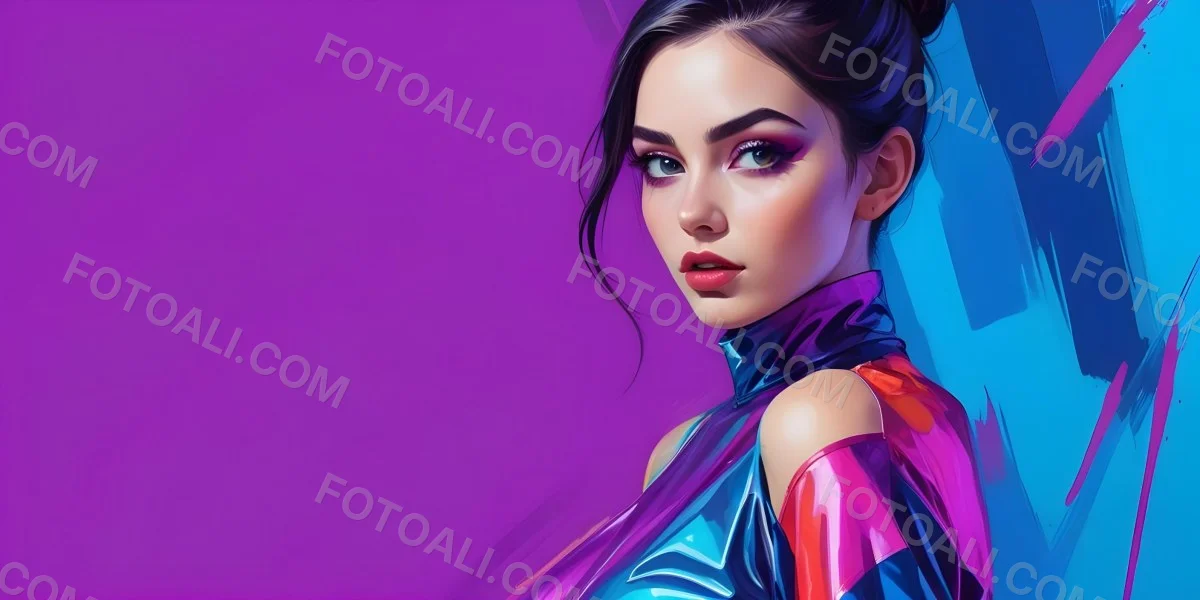 Digital Painting A Young Woman With Dark Hair And Bold Makeup Wearing A Shiny Colorful Outfit Against A Vibrant Purple And Blue Background Bold And Slim Lines Brush Strokes 60 79fe