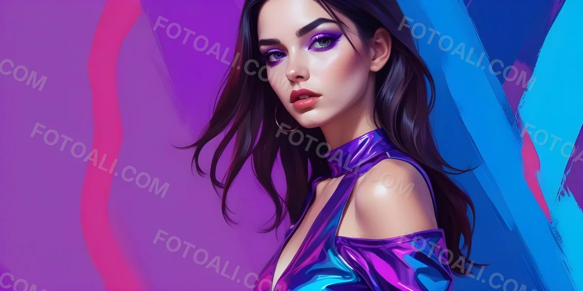 Digital Painting A Young Woman With Dark Hair And Bold Makeup Wearing A Shiny Colorful Outfit Against A Vibrant Purple And Blue Background Bold And Slim Lines Brush Strokes 63 7d0a