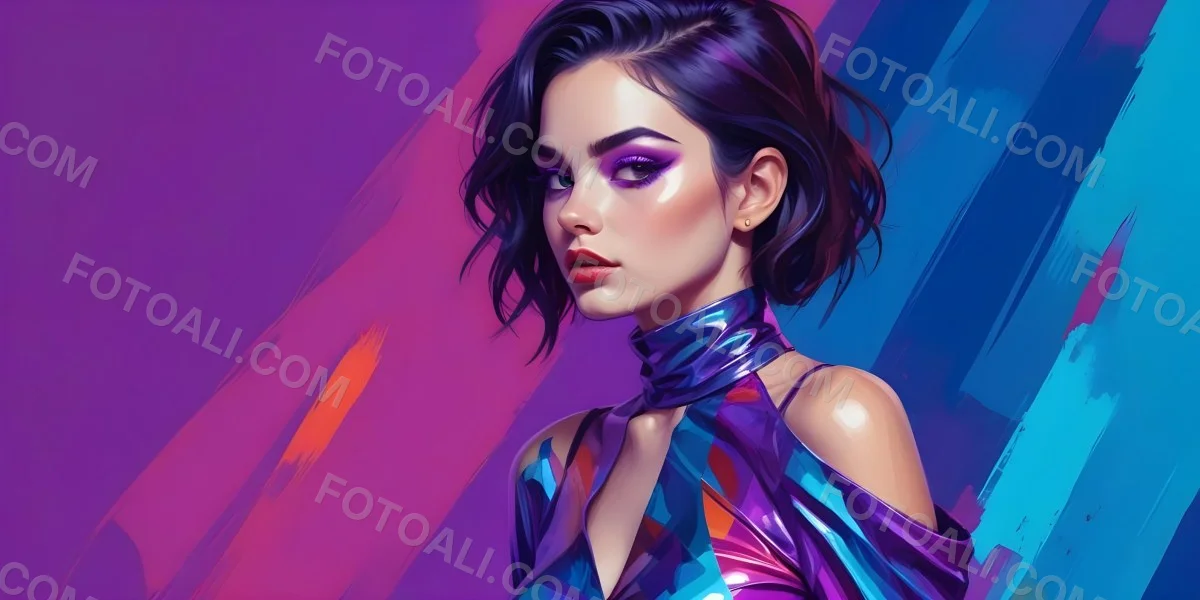 Digital Painting A Young Woman With Dark Hair And Bold Makeup Wearing A Shiny Colorful Outfit Against A Vibrant Purple And Blue Background Bold And Slim Lines Brush Strokes 64 120b