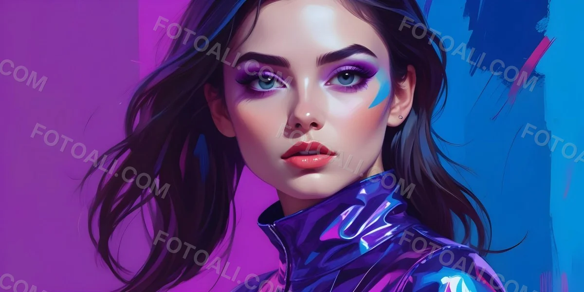 Digital Painting A Young Woman With Dark Hair And Bold Makeup Wearing A Shiny Colorful Outfit Against A Vibrant Purple And Blue Background Bold And Slim Lines Brush Strokes 66 5346