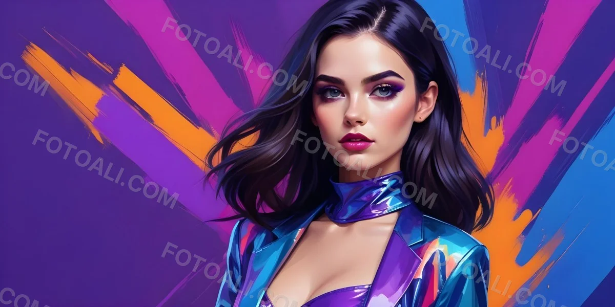 Digital Painting A Young Woman With Dark Hair And Bold Makeup Wearing A Shiny Colorful Outfit Against A Vibrant Purple And Blue Background Bold And Slim Lines Brush Strokes 67 263b