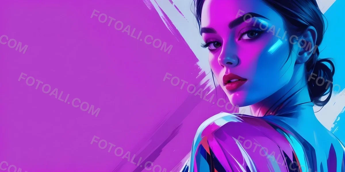 Digital Painting A Young Woman With Dark Hair And Bold Makeup Wearing A Shiny Colorful Outfit Against A Vibrant Purple And Blue Background Bold And Slim Lines Brush Strokes 69 1b5f