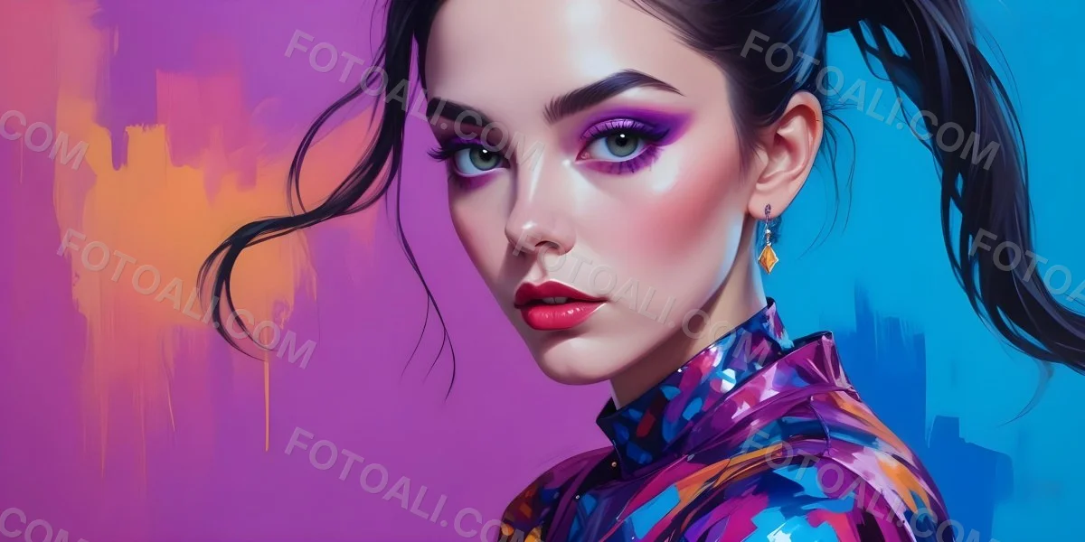 Digital Painting A Young Woman With Dark Hair And Bold Makeup Wearing A Shiny Colorful Outfit Against A Vibrant Purple And Blue Background Bold And Slim Lines Brush Strokes 7 83e1