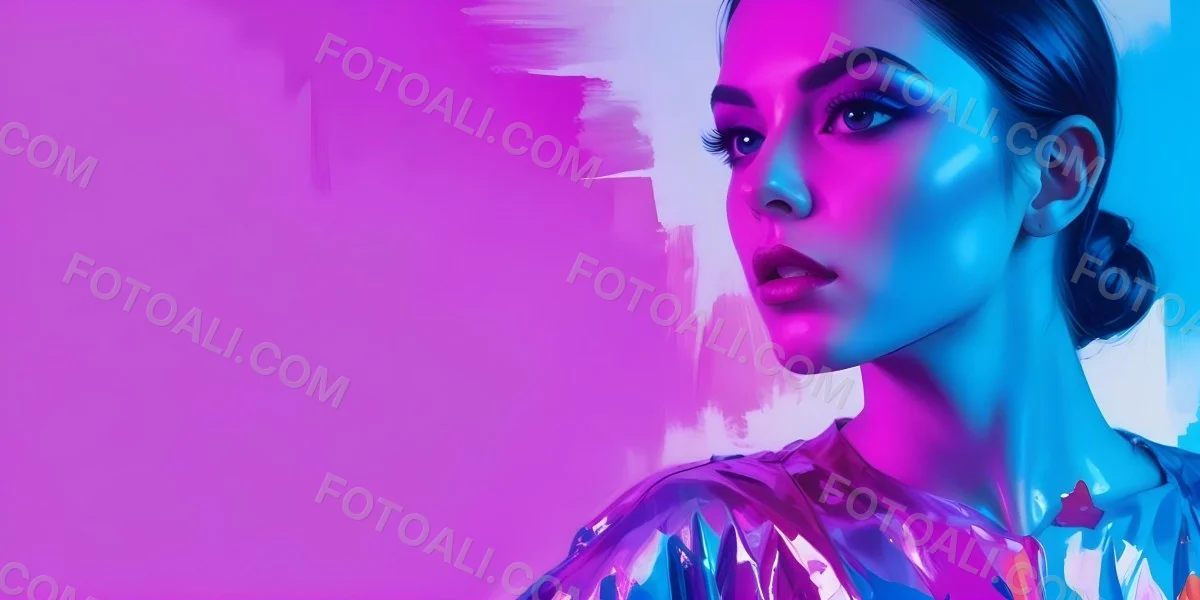 Digital Painting A Young Woman With Dark Hair And Bold Makeup Wearing A Shiny Colorful Outfit Against A Vibrant Purple And Blue Background Bold And Slim Lines Brush Strokes 8 A98f