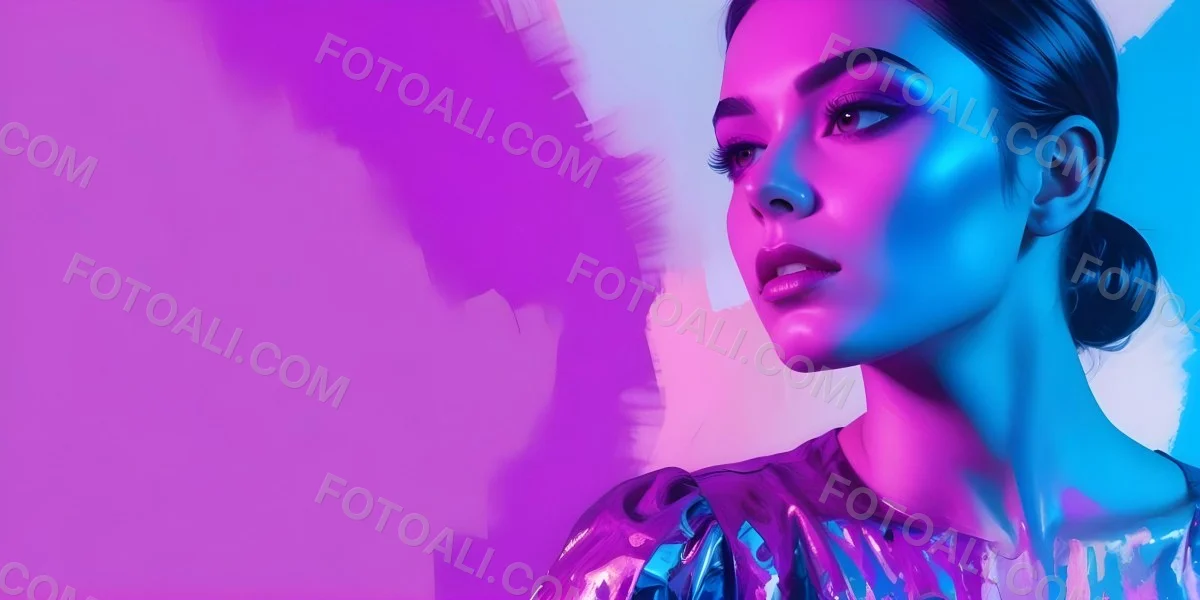 Digital Painting A Young Woman With Dark Hair And Bold Makeup Wearing A Shiny Colorful Outfit Against A Vibrant Purple And Blue Background Bold And Slim Lines Brush Strokes 9 C5bd