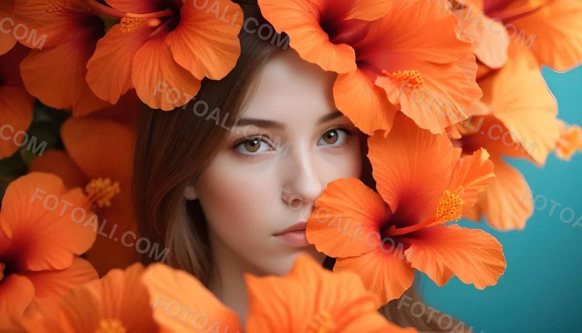 Digital Painting A Young Woman With Fair Skin And Long Light Brown Hair Partially Obscured By Vibrant Orange Hibiscus Flowers She Has Striking Brown Eyes And A Soft Expression With Her Lips Slightly Parted The Backg 19 D439