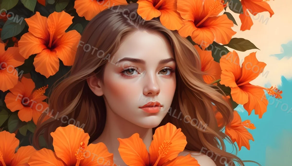 Digital Painting A Young Woman With Fair Skin And Long Light Brown Hair Partially Obscured By Vibrant Orange Hibiscus Flowers She Has Striking Brown Eyes And A Soft Expression With Her Lips Slightly Parted The Backg 45 D0c9