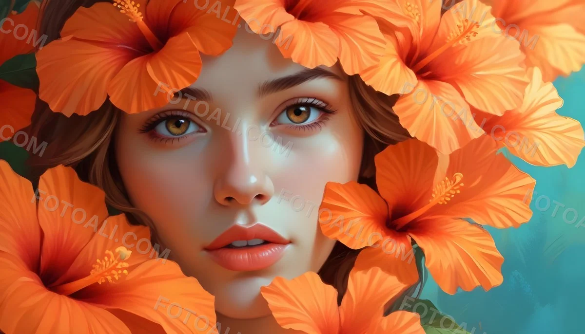 Digital Painting A Young Woman With Fair Skin And Long Light Brown Hair Partially Obscured By Vibrant Orange Hibiscus Flowers She Has Striking Brown Eyes And A Soft Expression With Her Lips Slightly Parted The Backg 46 6ad7