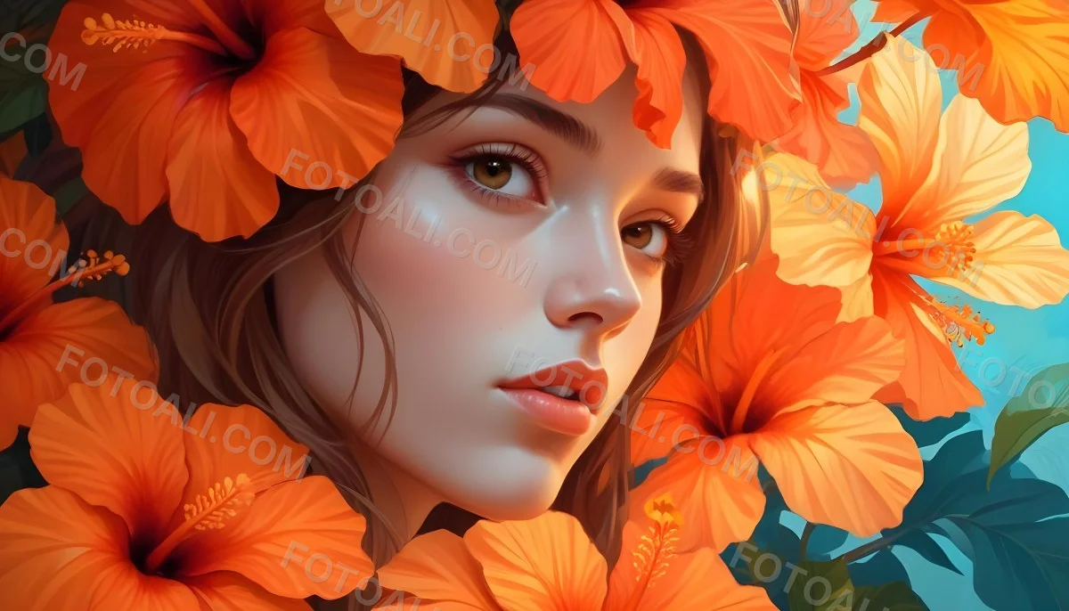 Digital Painting A Young Woman With Fair Skin And Long Light Brown Hair Partially Obscured By Vibrant Orange Hibiscus Flowers She Has Striking Brown Eyes And A Soft Expression With Her Lips Slightly Parted The Backg 47 4f41