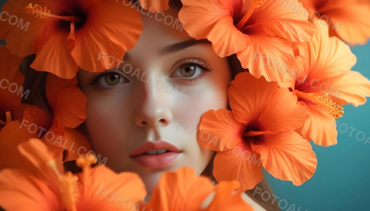 Digital Painting A Young Woman With Fair Skin And Long Light Brown Hair Partially Obscured By Vibrant Orange Hibiscus Flowers She Has Striking Brown Eyes And A Soft Expression With Her Lips Slightly Parted The Backg 5 4c1f