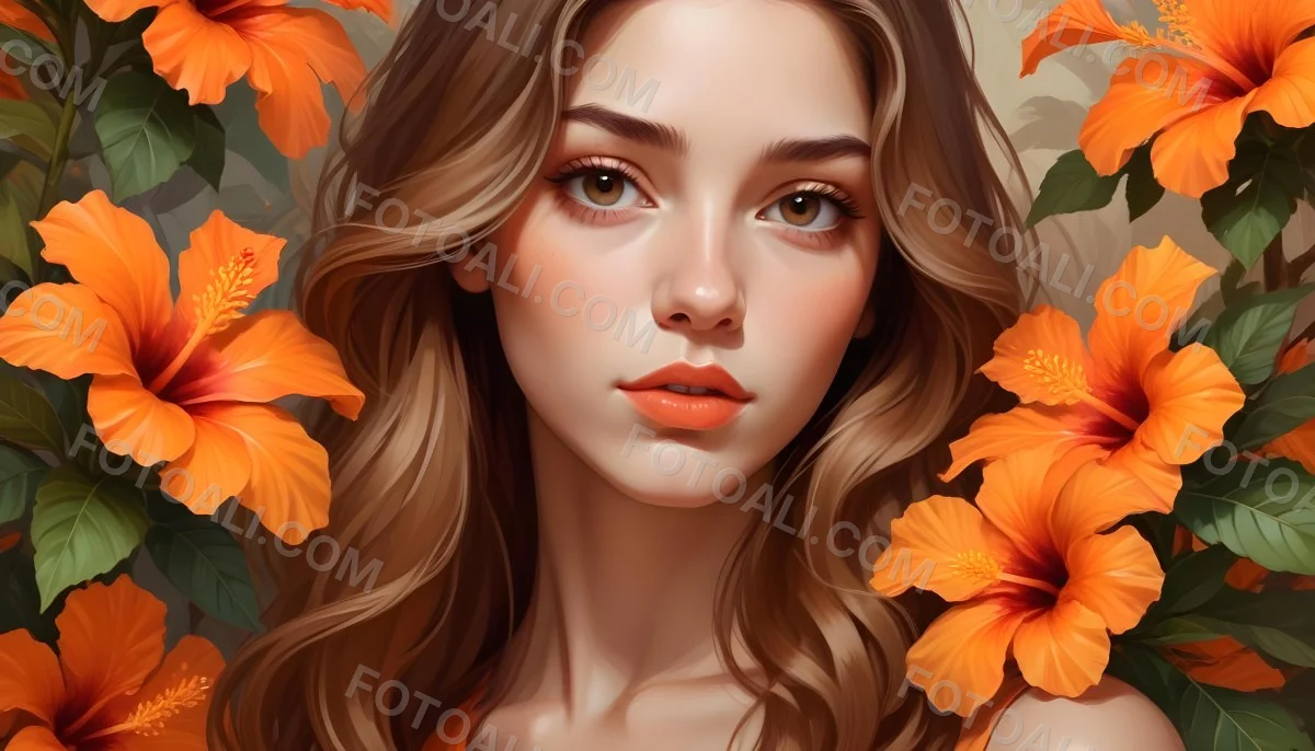 Digital Painting A Young Woman With Fair Skin And Long Light Brown Hair Partially Obscured By Vibrant Orange Hibiscus Flowers She Has Striking Brown Eyes And A Soft Expression With Her Lips Slightly Parted The Backg 53 8386