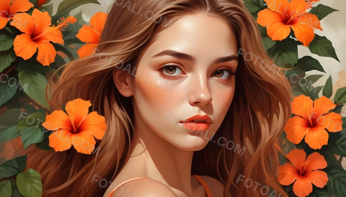 Digital Painting A Young Woman With Fair Skin And Long Light Brown Hair Partially Obscured By Vibrant Orange Hibiscus Flowers She Has Striking Brown Eyes And A Soft Expression With Her Lips Slightly Parted The Backg 56 7c59