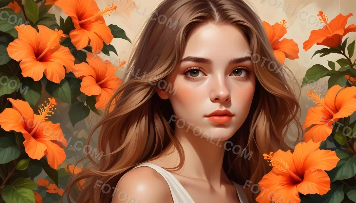 Digital Painting A Young Woman With Fair Skin And Long Light Brown Hair Partially Obscured By Vibrant Orange Hibiscus Flowers She Has Striking Brown Eyes And A Soft Expression With Her Lips Slightly Parted The Backg 72 1b82