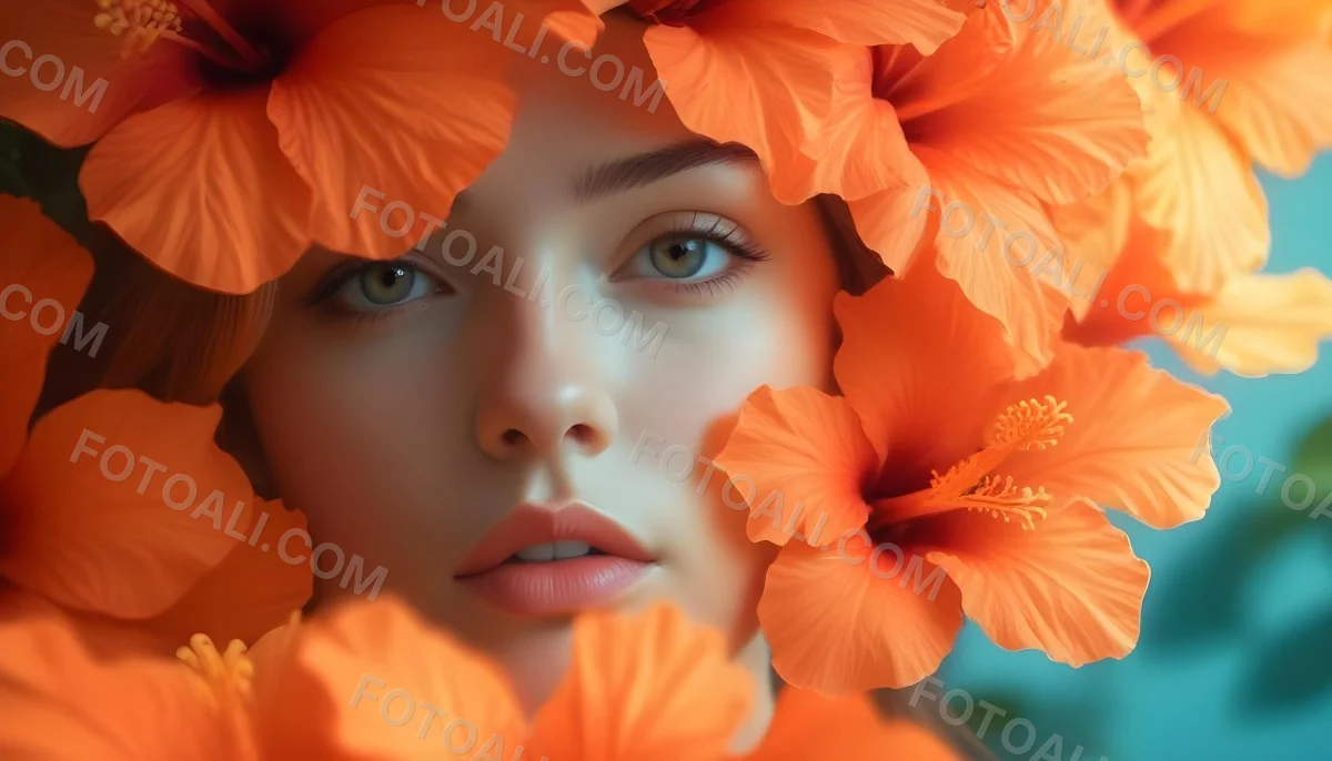 Digital Painting A Young Woman With Fair Skin And Long Light Brown Hair Partially Obscured By Vibrant Orange Hibiscus Flowers She Has Striking Brown Eyes And A Soft Expression With Her Lips Slightly Parted The Backg 8 Aee2