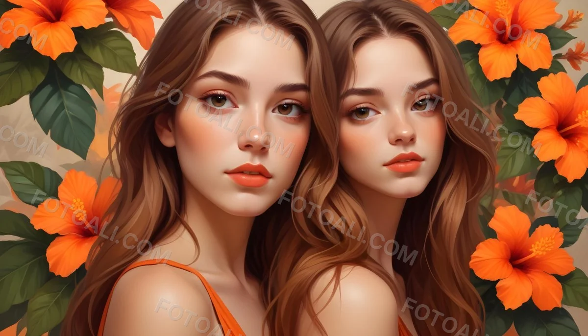 Digital Painting A Young Woman With Fair Skin And Long Light Brown Hair Partially Obscured By Vibrant Orange Hibiscus Flowers She Has Striking Brown Eyes And A Soft Expression With Her Lips Slightly Parted The Backg 83 33be