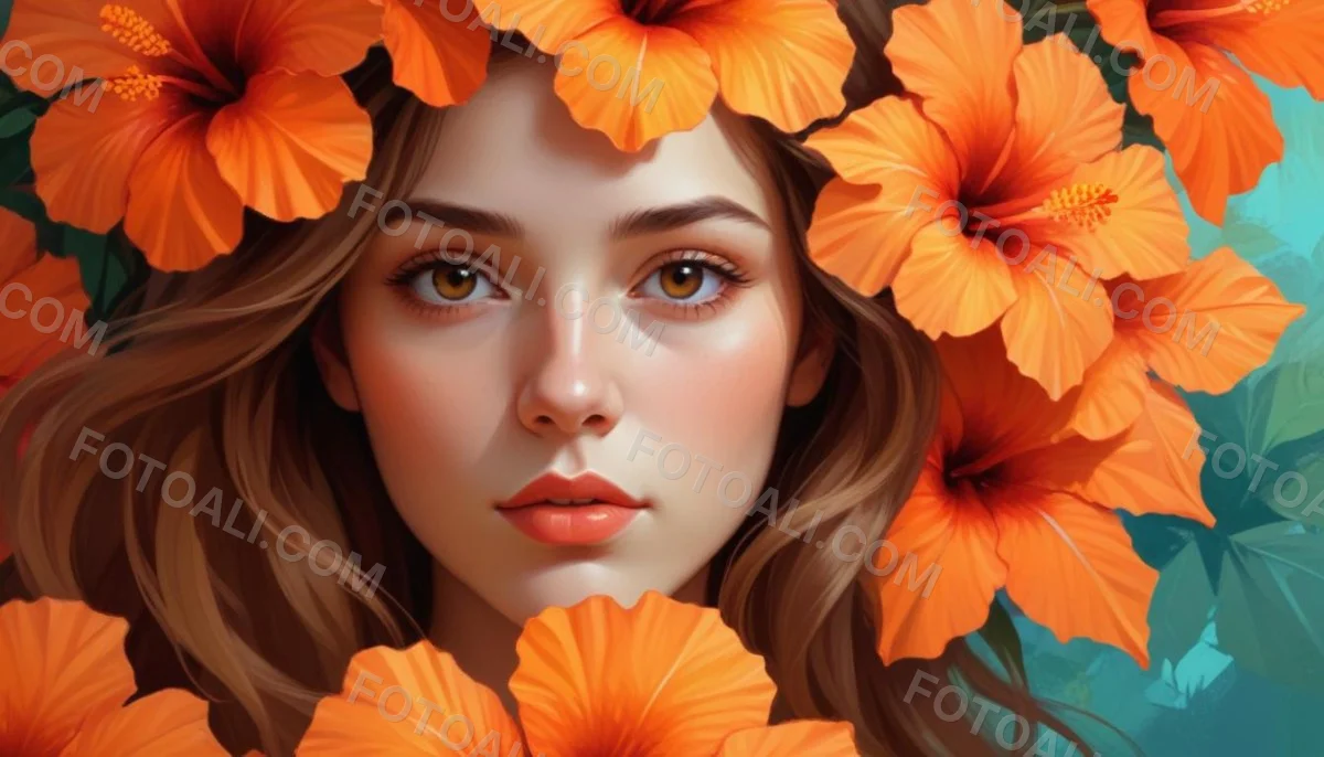 Digital Painting A Young Woman With Fair Skin And Long Light Brown Hair Partially Obscured By Vibrant Orange Hibiscus Flowers She Has Striking Brown Eyes And A Soft Expression With Her Lips Slightly Parted The Backg 87 9fb8