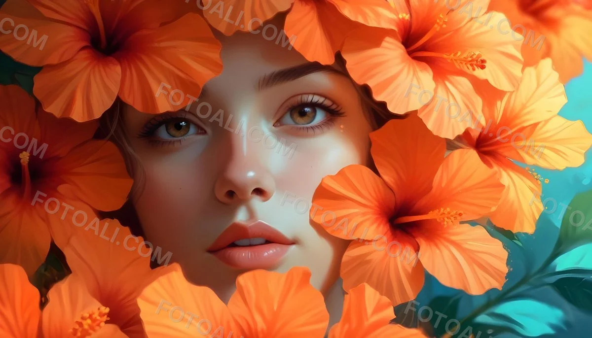 Digital Painting A Young Woman With Fair Skin And Long Light Brown Hair Partially Obscured By Vibrant Orange Hibiscus Flowers She Has Striking Brown Eyes And A Soft Expression With Her Lips Slightly Parted The Backg 92 Aaf5