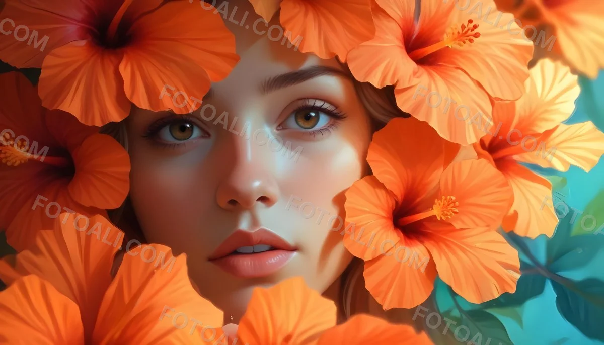 Digital Painting A Young Woman With Fair Skin And Long Light Brown Hair Partially Obscured By Vibrant Orange Hibiscus Flowers She Has Striking Brown Eyes And A Soft Expression With Her Lips Slightly Parted The Backg 95 05c4
