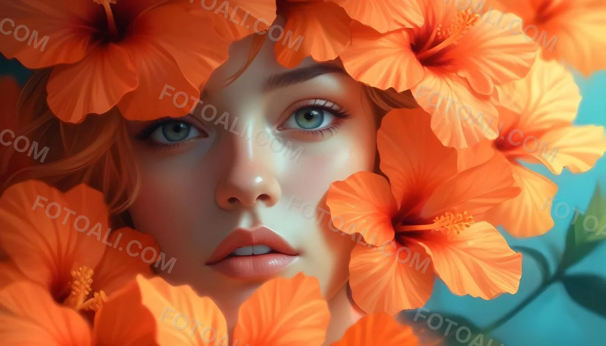 Digital Painting A Young Woman With Fair Skin And Long Light Brown Hair Partially Obscured By Vibrant Orange Hibiscus Flowers She Has Striking Brown Eyes And A Soft Expression With Her Lips Slightly Parted The Backg 96 Fadd