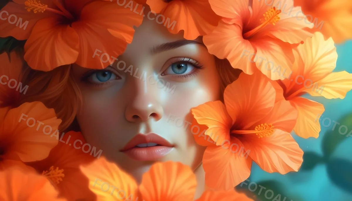 Digital Painting A Young Woman With Fair Skin And Long Light Brown Hair Partially Obscured By Vibrant Orange Hibiscus Flowers She Has Striking Brown Eyes And A Soft Expression With Her Lips Slightly Parted The Backg 97 9297