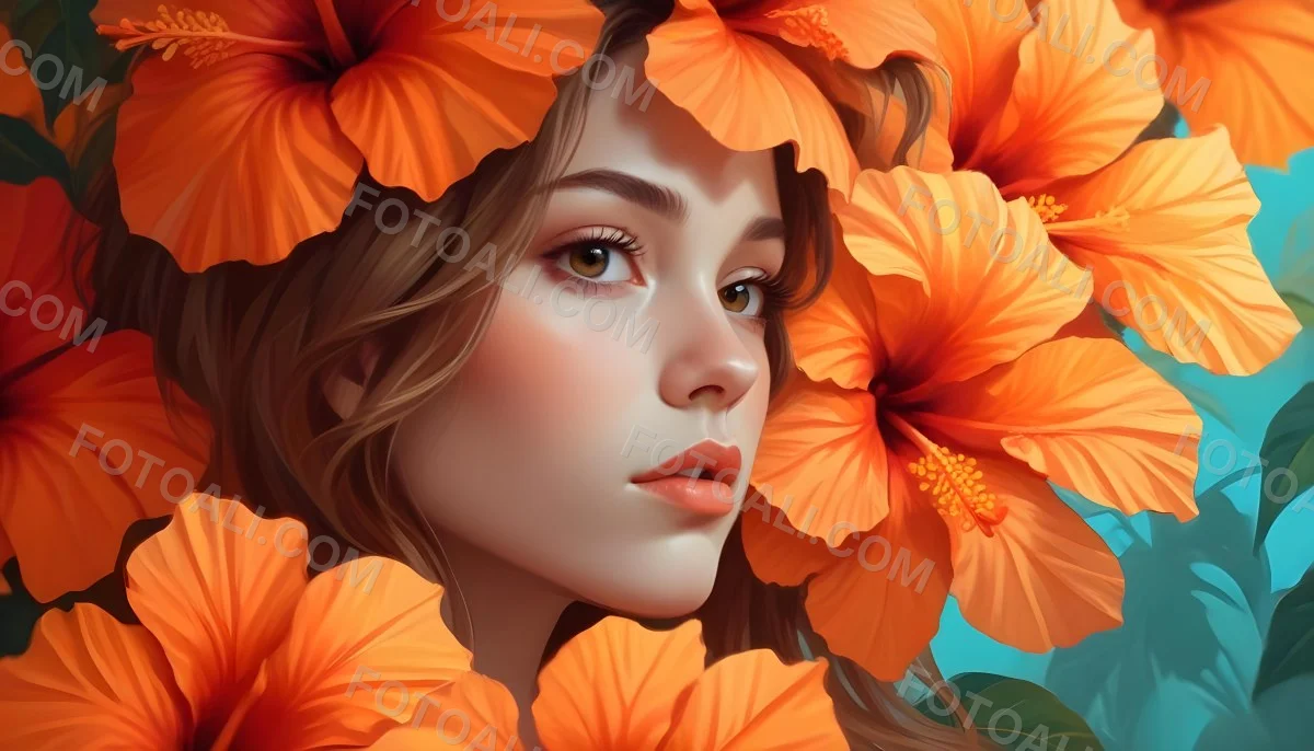 Digital Painting A Young Woman With Fair Skin And Long Light Brown Hair Partially Obscured By Vibrant Orange Hibiscus Flowers She Has Striking Brown Eyes And A Soft Expression With Her Lips Slightly Parted The Backg 99 F4c1