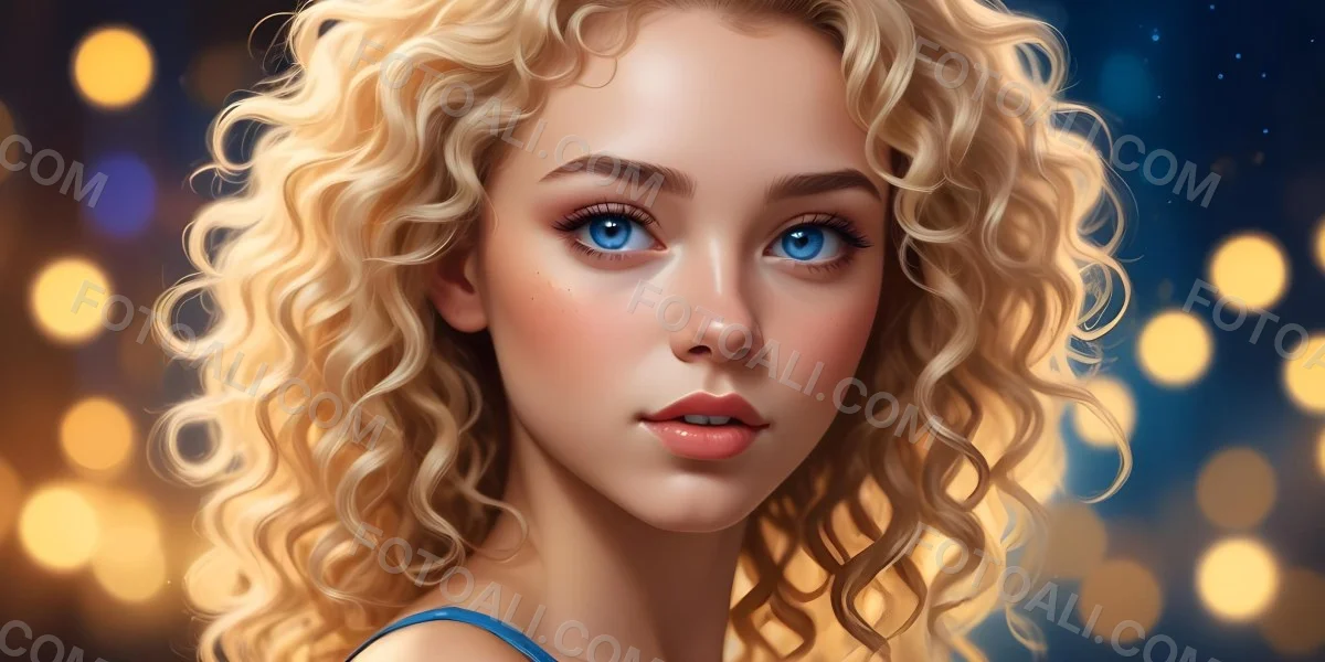 Digital Painting A Young Woman With Light Skin And Curly Blonde Hair Around 25 Years Old Featuring Bright Blue Eyes And Soft Makeup The Background Is Filled With Golden Bokeh Lights Creating A Warm And Vibrant Atmo 1 1794