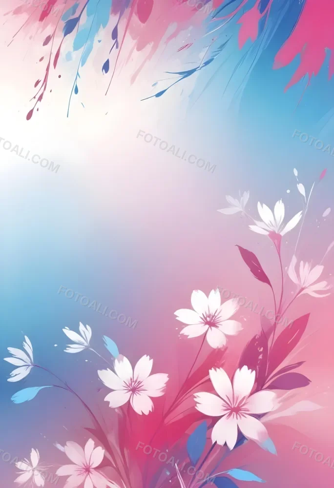 Digital Painting Abstract Background With A Gradient Of Pink Blue And White With Floral Elements At The Bottom Bold And Slim Lines Brush Strokes 44 0242