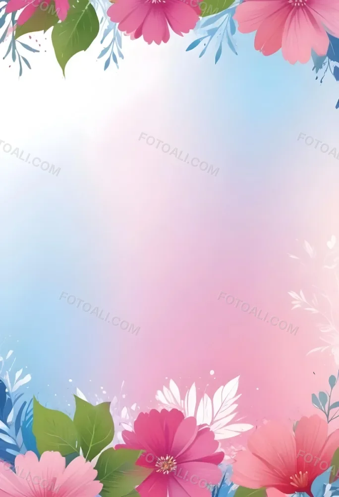 Digital Painting Abstract Background With A Gradient Of Pink Blue And White With Floral Elements At The Bottom Bold And Slim Lines Brush Strokes 7 0405